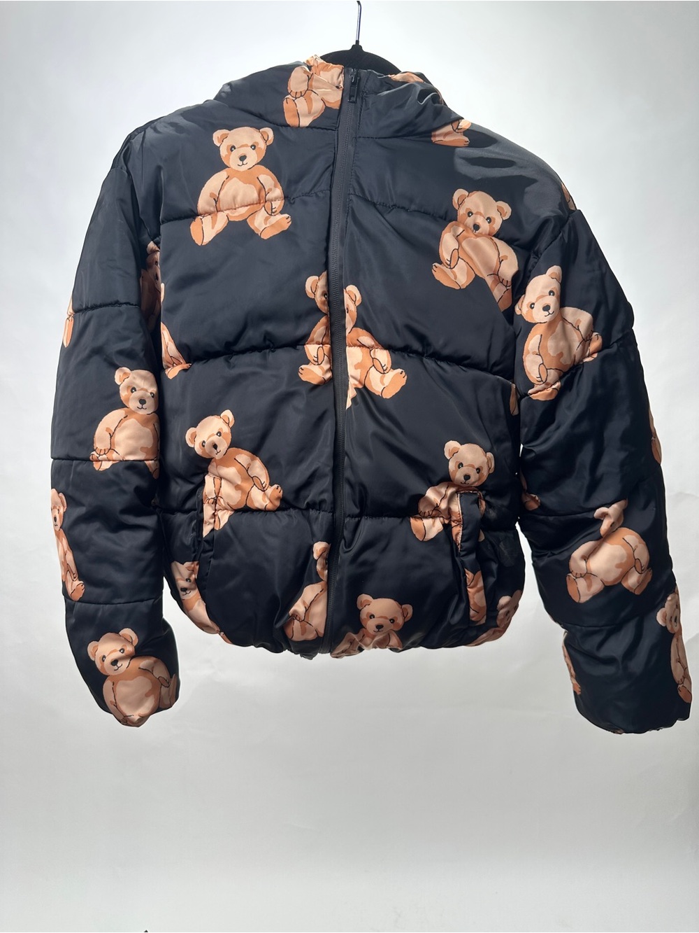 Forever 21 Black Puffer Jacket with Brown Teddy Bear Print